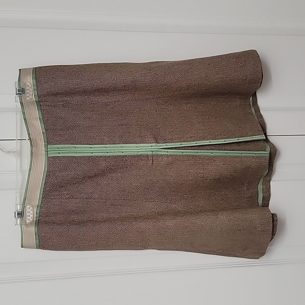 Loft, Size 10P, Wool Blend A-Line Skirt, Brown Herringbone Pattern, Green Accent